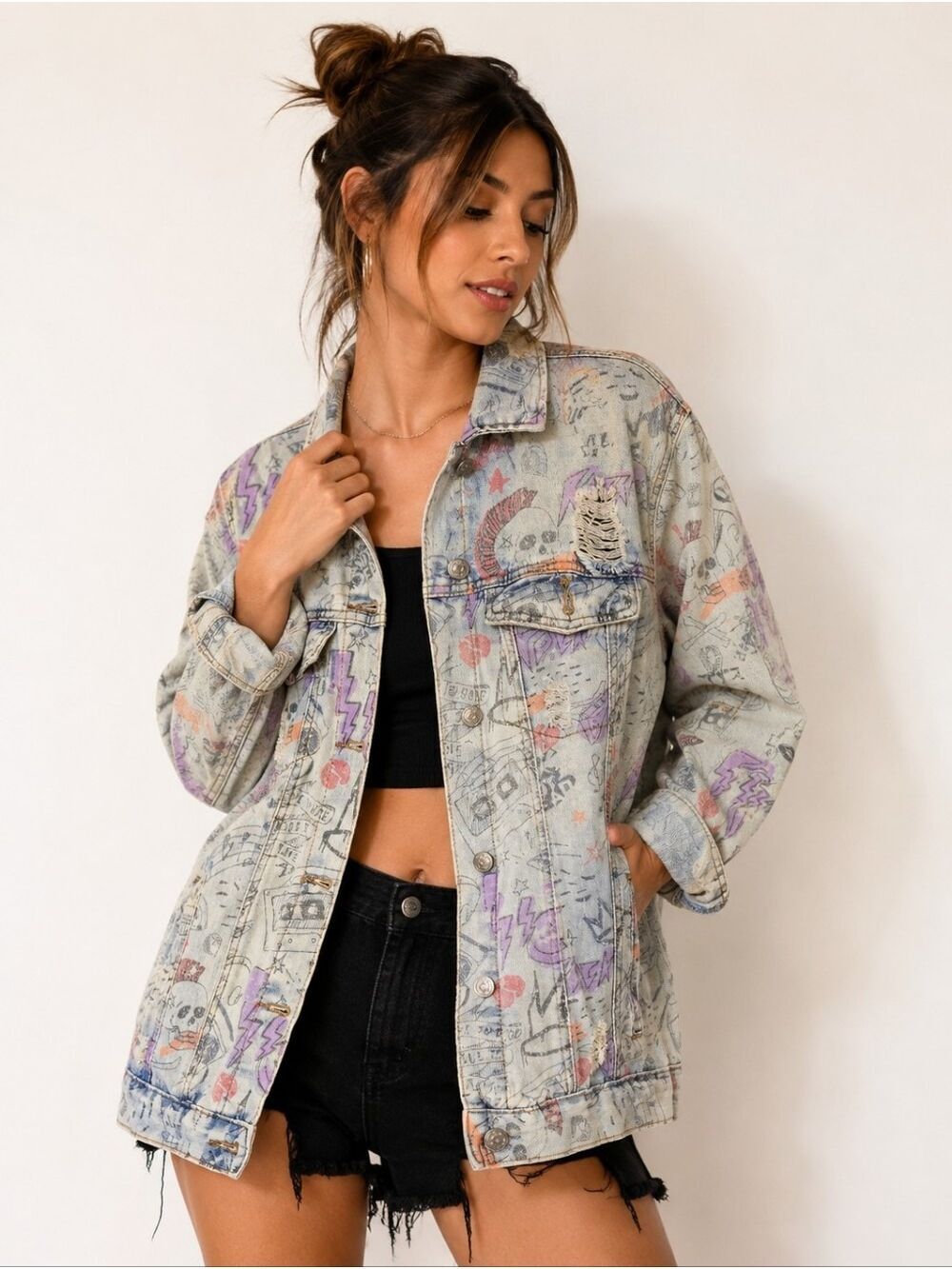 Madden Girl L Y2K Graffiti Skull Distressed Denim Jean Jacket Grunge Punk